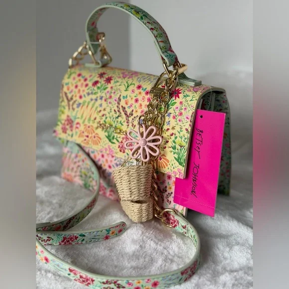 Betsey Johnson Easter Spring Floral Blossom Hearts Charm Satchel Crossbody Bag - Picture 3 of 10